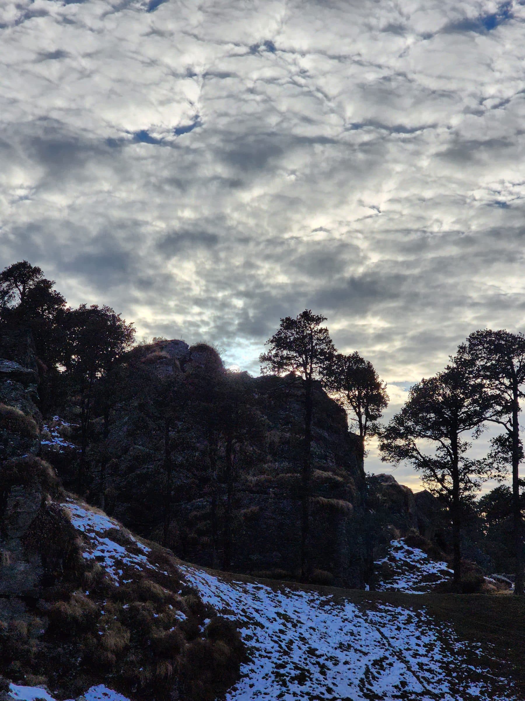 A stunning panoramic view of a serene valley with scattered pine trees silhouetted against a twilight sky in Jibhi Valley, Himachal Pradesh, India.