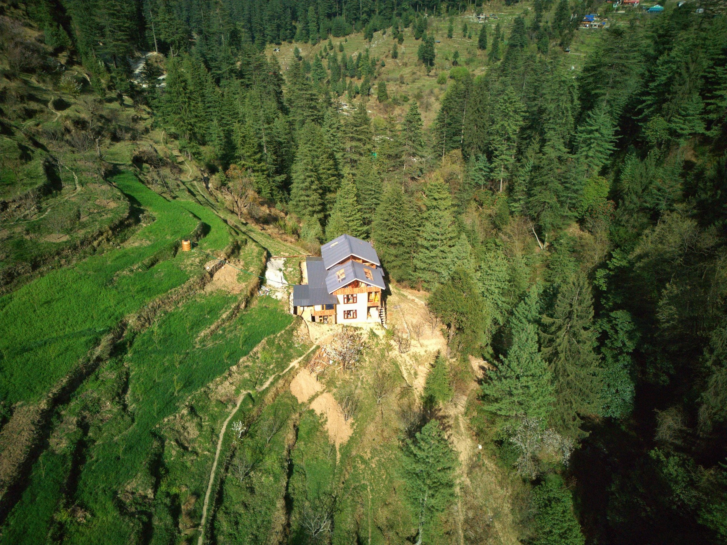 Panoramic Views of Ailyak Seri, Jibhi Aerial shot showcasing the lush green landscape and terraced slopes of the Seri Village in Jibhi, Himachal Pradesh.
