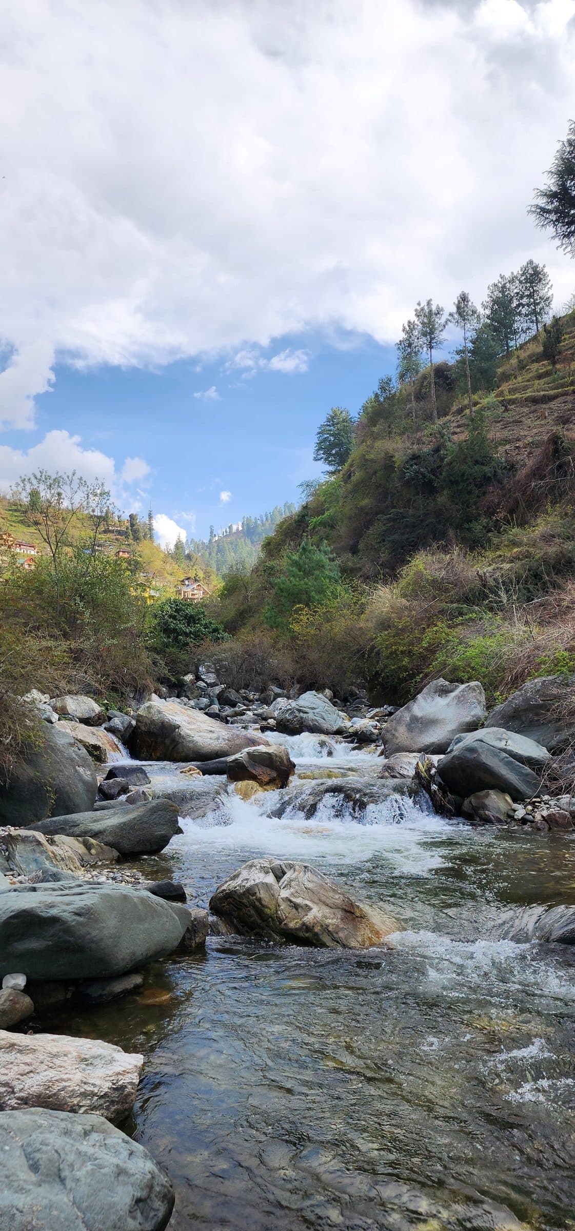 A serene rocky riverbed flows through the picturesque Jibhi Valley in Himachal Pradesh, India.